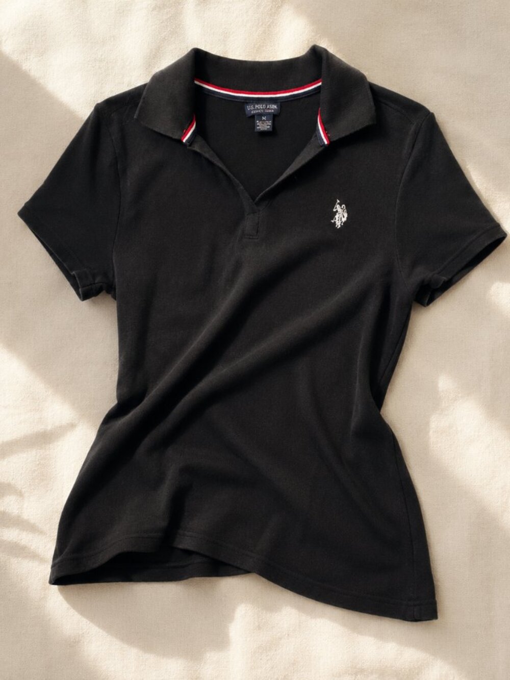 U.S. Polo Assn Black Ribbed Stretch Polo Top with Contrast Trim Women's Medium